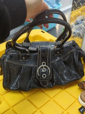 Nine West Black Croc-Embossed Satchel with Buckle Accent